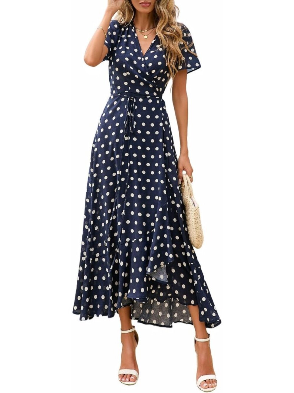 Women's Dot Navy White V Neck Casual Short Sleeve Pull On Zipper Maxi Dresses